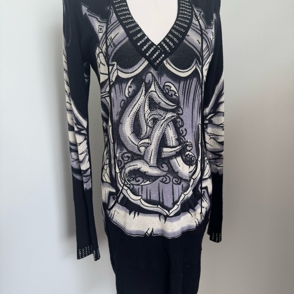 Christian Audigier Hoodie Dress – Gothic Tattoo Print, Rhinestone, LA Streetwear - Picture 5 of 15